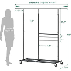 Clothing Rack for Hanging Clothes, Rolling Heavy Duty Clothes Rack with Wheels for Walk-in Closet