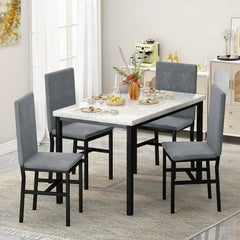 Dining Table Set for 4- Space Saving Kitchen Table and Chairs for 4, Modern Style Faux Marble Tabletop & 4 Blue Velvet Chairs