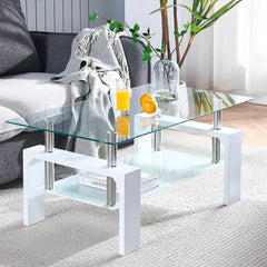 Living Room Rectangle Coffee Table, Tea Table Suitable for Waiting Room, Modern Side Coffee Table with Wooden Leg, Glass