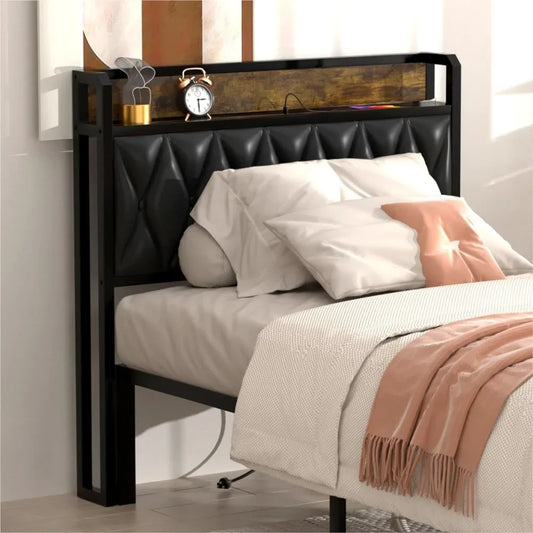 Twin Size Headboard with Charging Station, USB & Type C Port, Upholstered Twin Size Storage Headboard