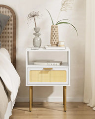 Rattan Nightstand with Charging Station, 2 Drawer Dresser for Bedroom, Small Bedside Table with 2 Drawers, Night Stand,