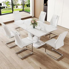 Dining Table Set for 6, Kitchen Table Chairs Set of 6, Modern Dining Room Set with 63'' Marble Dinner Table PU Leather Chairs