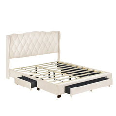 4-Pieces Bedroom Sets Queen Size Upholstered Bed with 3 Drawers,Mirrored Nightstands and Dresser with Metal handles and Legs.