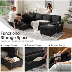 DURASPACE Sofa Bed Pull Out Couch Sleeper with Storage Chaise, with USB Charging Ports, Cup Holder