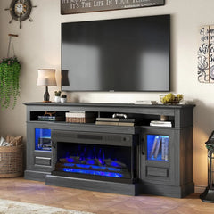 Fireplace TV Stand for TVs Up to 80 inch,70" with 36 inch 3-Sided Electric Fireplace,20 Flame Colors,Open Storage and 2 Cabinets