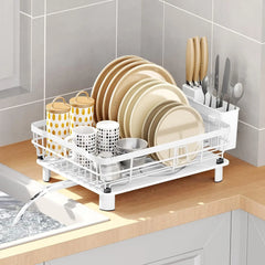 Iron Dish Drying Rack with Drainboard Drainers for Kitchen Counter Sink Adjustable Spout Strainers with Knife Utensil Holder