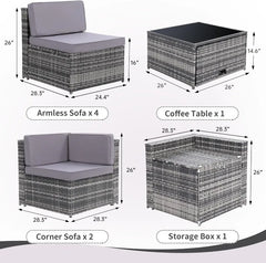 8PCS Outdoor Wicker Rattan Patio Furniture Sectional Set with Hidden Storage 7 Sofa Sections Oversized Cushions