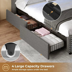 Full Bed Frame with Storage Headboard and 4 Drawers, Tufted Bed Frame with Charging Station and Led Lights，Led Bed Frame