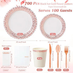 700 Pcs Disposable Dinnerware Set for 100 Guests Include 200 Paper Plates, 300 Plastic Silverware, 100 Paper Cups, 100 Napkins