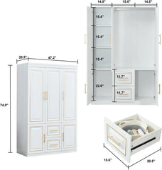 3 Door Closet Wardrobe, Armoire with 3 Drawer and Hanging Rod, Freestanding Closet Cabinet, Clothes Storage Organizer, Wardrobes