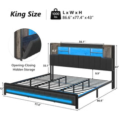 King Size Bed Frame and Bookcase Storage Headboard, LED Upholstered Bed Frame King with Charging Station, Light up King Size