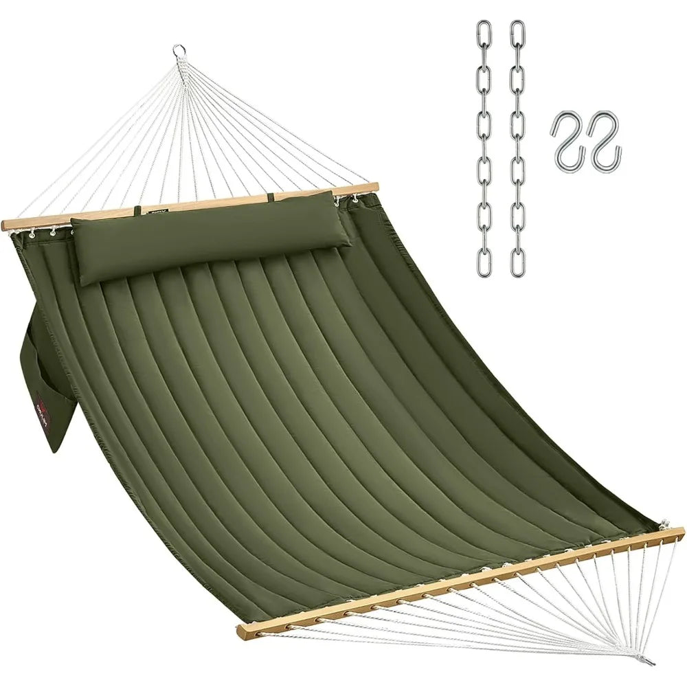 Double Quilted Fabric Hammock with Hardwood Spreader Bars and Pillow