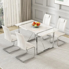 Dining Table Chairs Set for 4,Modern Rectangular Dining Room Table Set PU Leather Upholstered Dining Chairs 55" Dinner Table Set