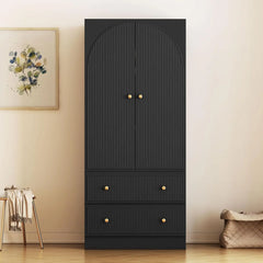 Freestanding Bedroom Armoire Wardrobe with 2 Drawers, Chest Clothes Storage with Clothing Rod and 2 Storage Doors, Wardrobes