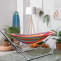 Double Hammock with Space Saving Metal Stand and Carrying Bag Indoor Hammock Stand Striped Print Dual-bar Rainbow Hanging Bed