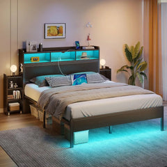 Bed Frame with Bookcase Storage Headboard,Slide Out Bedside Storage, Bed with Charging Station&LED Lights Heavy Duty Metal Slats