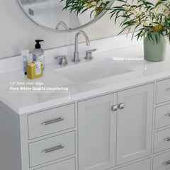 Bathroom Vanity with Edge Pure White Quartz Countertop & Backsplash, Center Rectangular Sink, 2 Soft Closing Doors