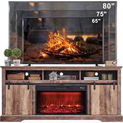 Fluted Fireplace TV Stand for TVs Up to 80 Inch with 30" Electric Fireplace, Modern Entertainment Center w/Waveform Panel Slidin