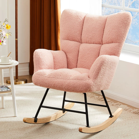 JHK Teddy Fabric Upholstered Glider With High Backrest,Padded Seat, Accent Recliner,Cushion Rocker Armchair,Bedroom Furniture