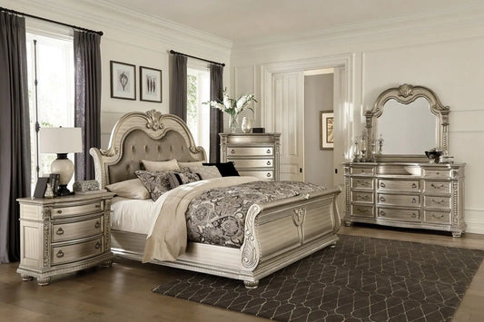 Queen/King size 5-Piece Silver Gray Master Bedroom Set, Marble Top Bed, European Luxury Style Double Bed, Court Style