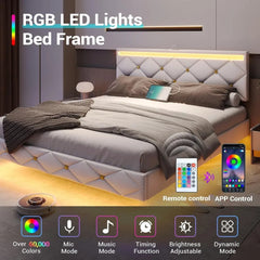 Floating Bed Frame King Size with Led Lights and USB Ports,Faux Leather Platform King Bed Frame with Headboard Easy To Assemble