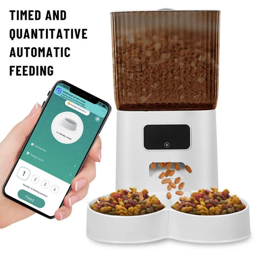 Smart Pet Feeder with Dual Bowls, WiFi APP Remote Control 5L Transparent Storage Bucket Automatic Cat Food Dispenser