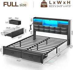 Bed Frame Queen Size with Drawers and Charging Station, Upholstered Platform Bed with Storage Headboard and LED Light,Bed Frames