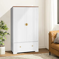 Wide Wardrobe Closet White Armoire Wardrobe with Hanging Rod Shelves and Drawer, Freestanding Closet Wardrobe Cabinet