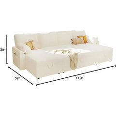 110 inch Oversize - 2 in 1 Pull Out Bed, Sectional Sleeper Sofa with Double Storage Chaise for Living Room, White Boucle Couch