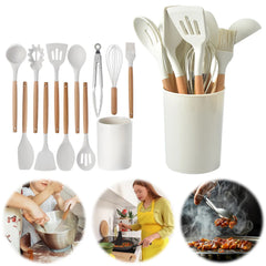 12Pcs Kitchen Utensil Set Silicone Spatula Set Wooden Handle Heat-Resistant Cookware Spatula Spoon Brush Whisk for Kitchen