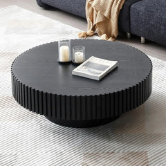 31.49" Black Round Coffee Table, Farmhouse Wood Coffee Table for Living Room,Circle Drum Coffee Table with Handcrafted Relief