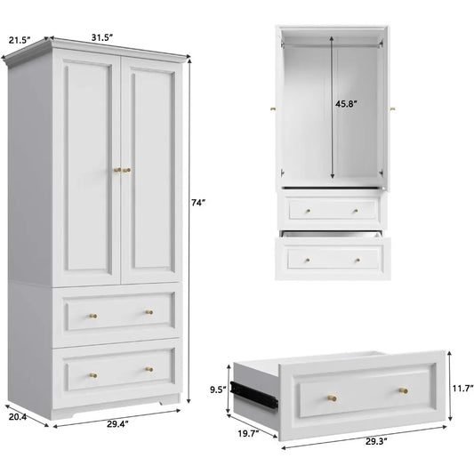 2 Door Armoire Wardrobe Closet with 2 Drawers, Armoires and Wardrobe with Hanging Rod, Wooden Armoire Wardrobe for Bedroom