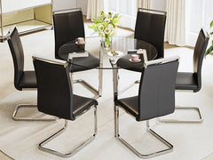 Dining Table, Round Glass, Tempered Glass Top and 4 Chairs with Seat and Sturdy Chrome Legs, 5-Piece Dining Table Set