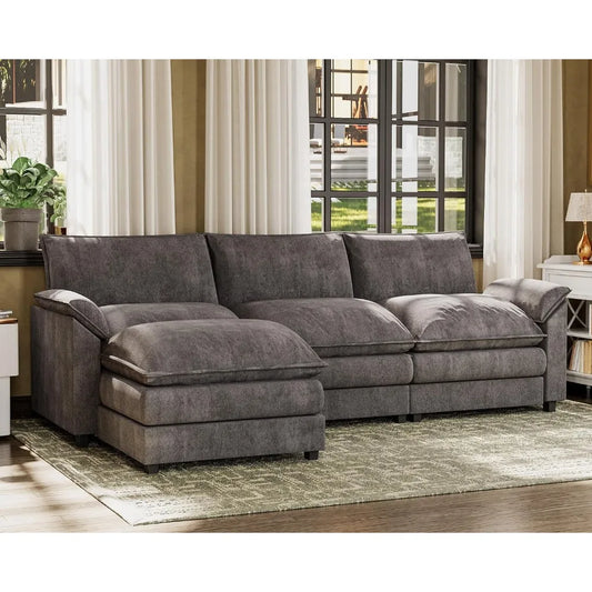 Convertible Sectional Sofa, Deep Seat and Reversible Ottoman, Modern Wide Arm L-Shaped Couch