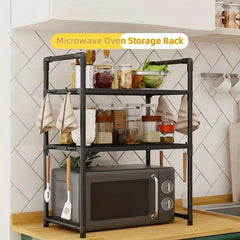 Durable Microwave Stand Shelf - Heavy Duty Countertop Rack for Oven, Spice & Dish Storage with Hooks, Plastic Utility Organizer