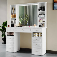 Extra Large Vanity Desk with Lighted Mirror,Huge Desktop Makeup Vanity Table with 9 Drawers, Crystal Ball Knobs