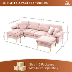 U-Shaped Sectional Sofa Couch, 4 Seat Sofa Set for Living Room, Convertible L-Shaped Velvet Couch Set with Chaise Lounge