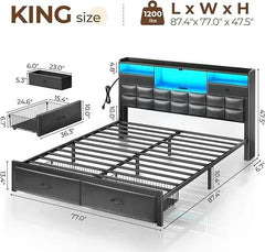 Bed Frame Queen Size with Drawers and Charging Station, Upholstered Platform Bed with Storage Headboard and LED Light,Bed Frames