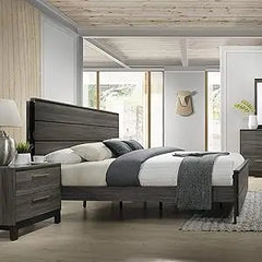 Furniture Ioana 187 Antique Grey Finish Wood Bed Room Set, King Size Bed, Dresser, Mirror, 2 Night Stands, Chest