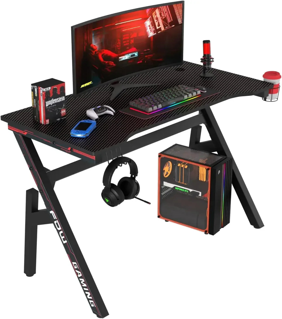 Gaming Desk Computer Desk 47 Inch Home Office Desk Extra Large Modern Ergonomic Black PC Table Gamer Workstation with Cup