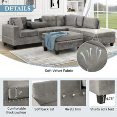 Sectional Sofa Couch with Reversible Chaise and Ottoman,Polyester L-Shape Couch with 2 Pillows and Cup Holder, Sectional Sofas