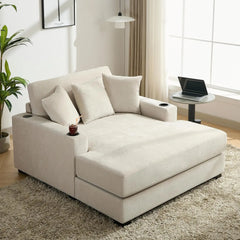 Indoor Oversized Chaise Lounger, Chenille Fabric Sleeper Sofa Couch with Pillows, Charge Station & Cup Holders