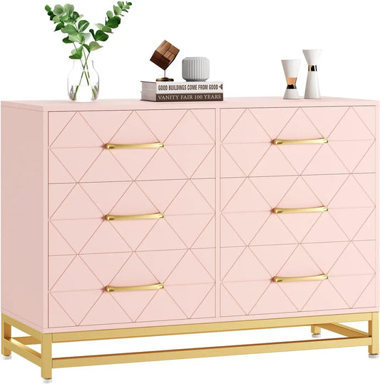 Dresser for Bedroom with 6 Drawer, TV Stand Dressers Chest of Drawers for Hallway Entryway, Pink