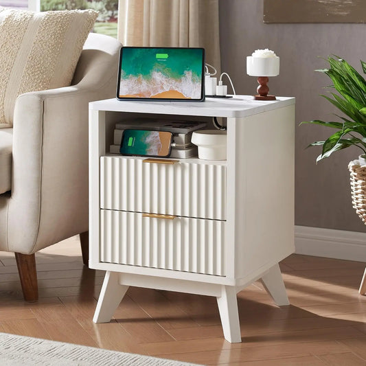 Groove Bedside Table with Charging Station, Artificial Marble Countertop, 2 Drawer Side Tables with Storage Space