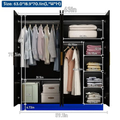 Modern 70in 4 Doors Armoires Wardrobe Closet with Hanging Rod, Freestanding Bedroom Armoires with RGB Lights, Black