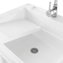 Freestanding Utility Sink w/ Washboard Floor Mount Hot + Cold Faucet Kit White Durable Laundry Sink Wash Bowl Basin Faucet Drain