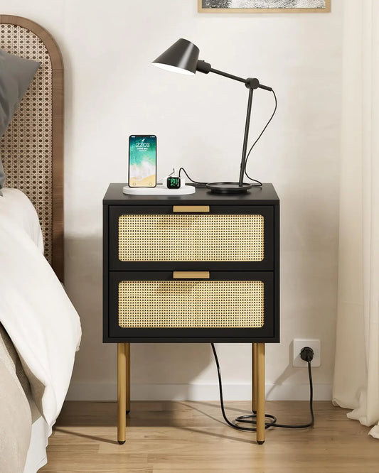 Rattan Nightstand with Charging Station, 2 Drawer Dresser for Bedroom, Small Bedside Table with 2 Drawers, Night Stand,