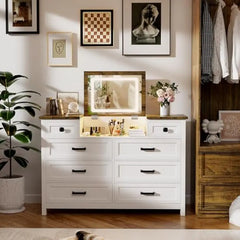 Dresser with Mirror, White Dresser for Bedroom, 8 Drawers Dressing Table with Charging Station, Farmhouse Makeup Vanity, Vanity