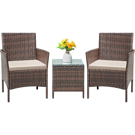 Patio Furniture Set 3 Pieces All-Weather Rattan Outdoor Furniture Patio Chairs with Tempered Glass Table for Porch Bistro