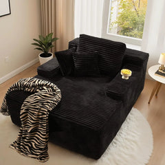 48.43" Chaise Lounge Chair Indoor, Plush Upholstered Sofa Bed with 2 Throw Pillows Comfy Oversize Reclining Sleeper Couch Black